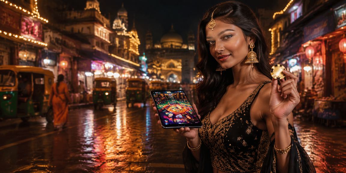 Bright neon casino app interface with game options in India