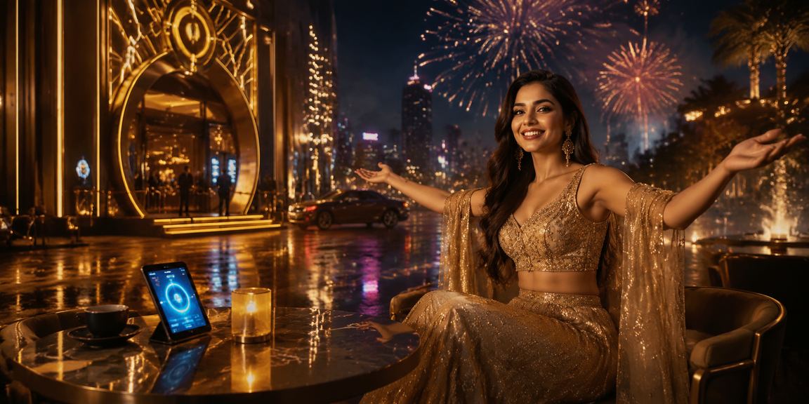 Indian player enjoying Andar Bahar game on mobile in vibrant Bollywood setting